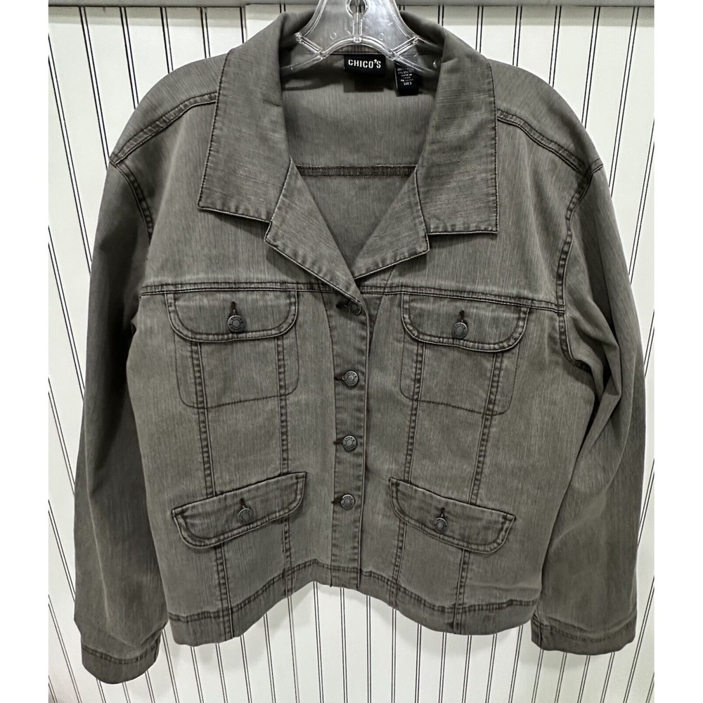 Chicos Sz 3 Grey Denim Jacket XL Long Sleeve Buttons Short
